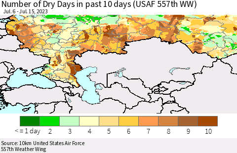 Russian Federation Number of Dry Days in past 10 days (USAF 557th WW) Thematic Map For 7/11/2023 - 7/15/2023