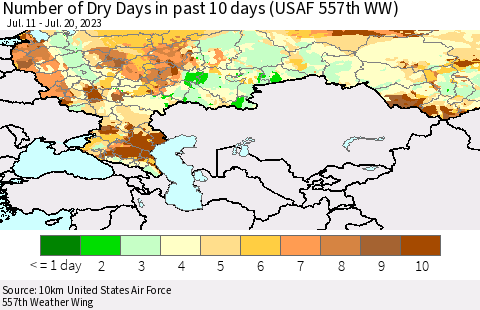 Russian Federation Number of Dry Days in past 10 days (USAF 557th WW) Thematic Map For 7/16/2023 - 7/20/2023