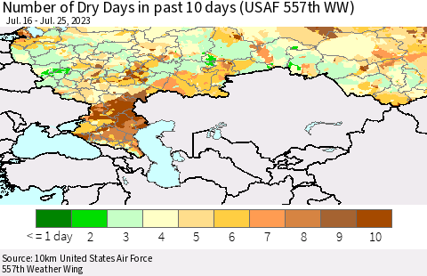 Russian Federation Number of Dry Days in past 10 days (USAF 557th WW) Thematic Map For 7/21/2023 - 7/25/2023