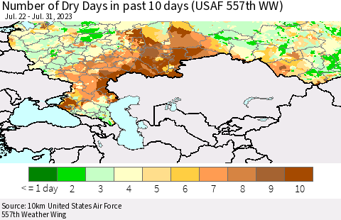 Russian Federation Number of Dry Days in past 10 days (USAF 557th WW) Thematic Map For 7/26/2023 - 7/31/2023
