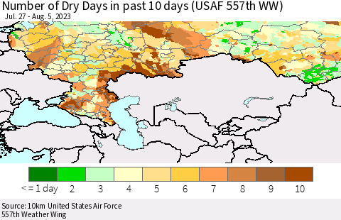 Russian Federation Number of Dry Days in past 10 days (USAF 557th WW) Thematic Map For 8/1/2023 - 8/5/2023