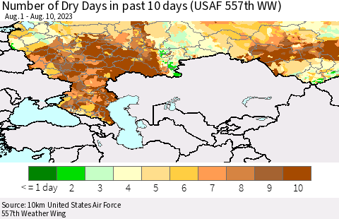 Russian Federation Number of Dry Days in past 10 days (USAF 557th WW) Thematic Map For 8/6/2023 - 8/10/2023