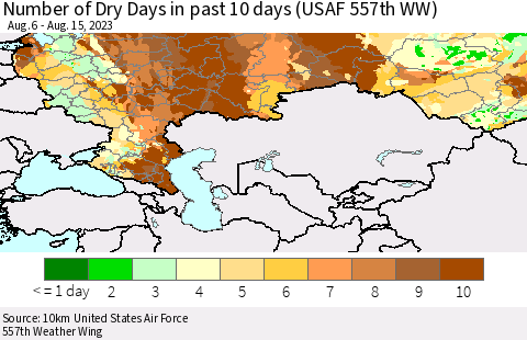Russian Federation Number of Dry Days in past 10 days (USAF 557th WW) Thematic Map For 8/11/2023 - 8/15/2023