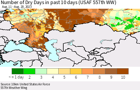 Russian Federation Number of Dry Days in past 10 days (USAF 557th WW) Thematic Map For 8/16/2023 - 8/20/2023
