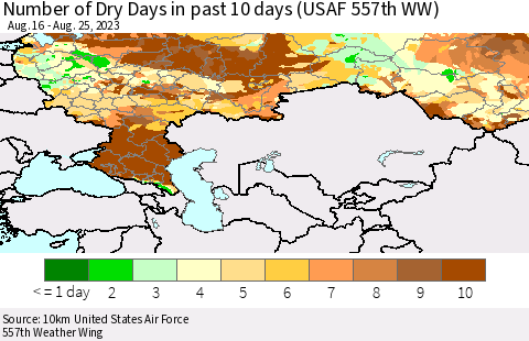 Russian Federation Number of Dry Days in past 10 days (USAF 557th WW) Thematic Map For 8/21/2023 - 8/25/2023