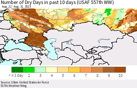 Russian Federation Number of Dry Days in past 10 days (USAF 557th WW) Thematic Map For 8/26/2023 - 8/31/2023