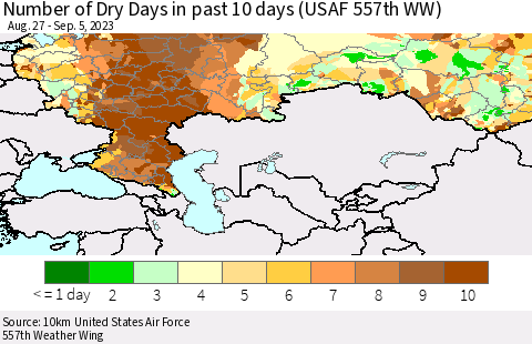 Russian Federation Number of Dry Days in past 10 days (USAF 557th WW) Thematic Map For 9/1/2023 - 9/5/2023