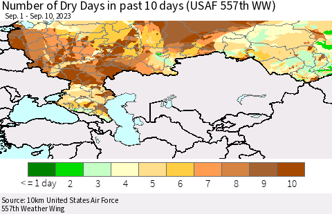 Russian Federation Number of Dry Days in past 10 days (USAF 557th WW) Thematic Map For 9/6/2023 - 9/10/2023