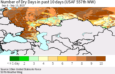 Russian Federation Number of Dry Days in past 10 days (USAF 557th WW) Thematic Map For 9/11/2023 - 9/15/2023