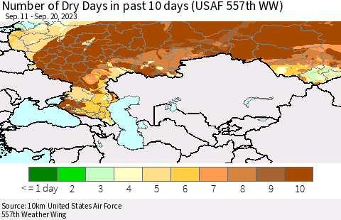 Russian Federation Number of Dry Days in past 10 days (USAF 557th WW) Thematic Map For 9/16/2023 - 9/20/2023