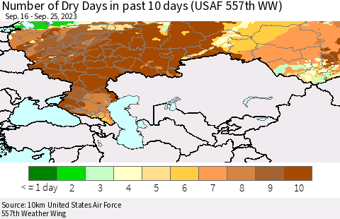 Russian Federation Number of Dry Days in past 10 days (USAF 557th WW) Thematic Map For 9/21/2023 - 9/25/2023