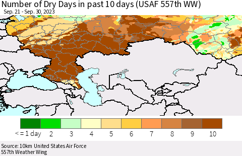 Russian Federation Number of Dry Days in past 10 days (USAF 557th WW) Thematic Map For 9/26/2023 - 9/30/2023
