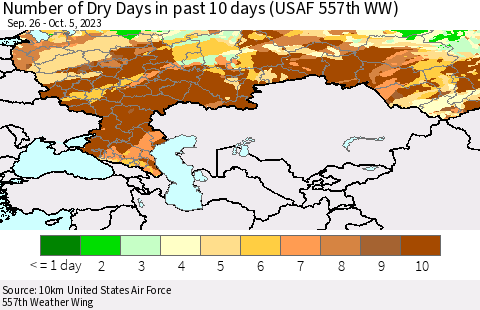 Russian Federation Number of Dry Days in past 10 days (USAF 557th WW) Thematic Map For 10/1/2023 - 10/5/2023