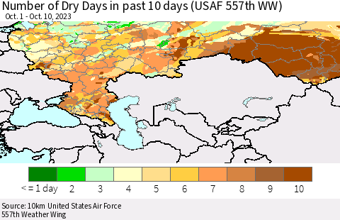 Russian Federation Number of Dry Days in past 10 days (USAF 557th WW) Thematic Map For 10/6/2023 - 10/10/2023