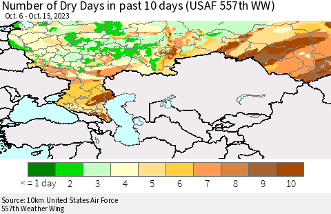 Russian Federation Number of Dry Days in past 10 days (USAF 557th WW) Thematic Map For 10/11/2023 - 10/15/2023