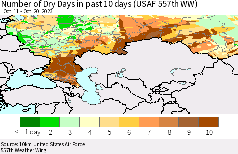Russian Federation Number of Dry Days in past 10 days (USAF 557th WW) Thematic Map For 10/16/2023 - 10/20/2023