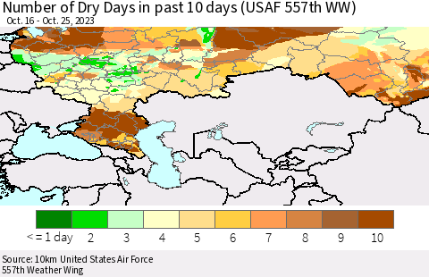 Russian Federation Number of Dry Days in past 10 days (USAF 557th WW) Thematic Map For 10/21/2023 - 10/25/2023