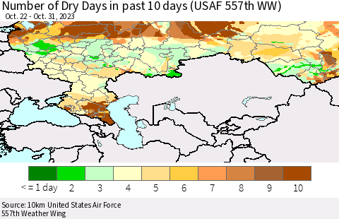 Russian Federation Number of Dry Days in past 10 days (USAF 557th WW) Thematic Map For 10/26/2023 - 10/31/2023