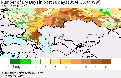 Russian Federation Number of Dry Days in past 10 days (USAF 557th WW) Thematic Map For 11/6/2023 - 11/10/2023