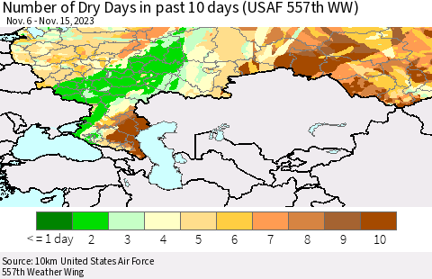 Russian Federation Number of Dry Days in past 10 days (USAF 557th WW) Thematic Map For 11/11/2023 - 11/15/2023