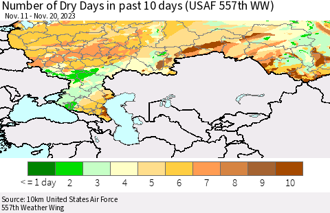 Russian Federation Number of Dry Days in past 10 days (USAF 557th WW) Thematic Map For 11/16/2023 - 11/20/2023