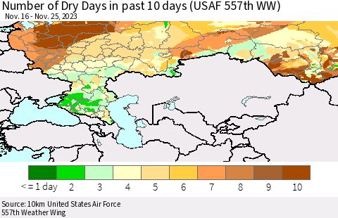 Russian Federation Number of Dry Days in past 10 days (USAF 557th WW) Thematic Map For 11/21/2023 - 11/25/2023