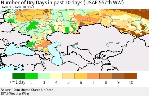 Russian Federation Number of Dry Days in past 10 days (USAF 557th WW) Thematic Map For 11/26/2023 - 11/30/2023