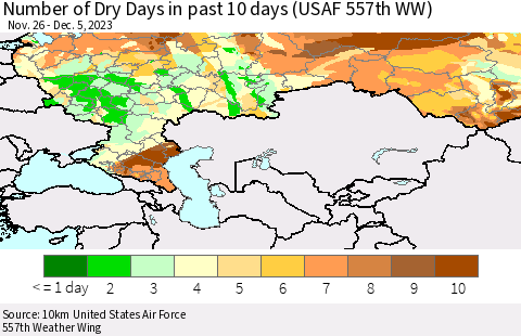 Russian Federation Number of Dry Days in past 10 days (USAF 557th WW) Thematic Map For 12/1/2023 - 12/5/2023