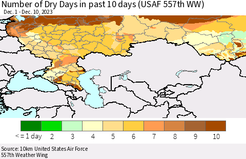 Russian Federation Number of Dry Days in past 10 days (USAF 557th WW) Thematic Map For 12/6/2023 - 12/10/2023