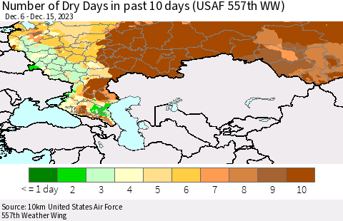 Russian Federation Number of Dry Days in past 10 days (USAF 557th WW) Thematic Map For 12/11/2023 - 12/15/2023