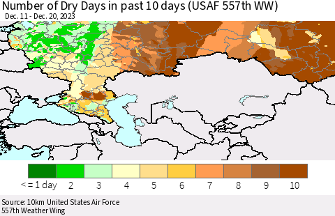 Russian Federation Number of Dry Days in past 10 days (USAF 557th WW) Thematic Map For 12/16/2023 - 12/20/2023