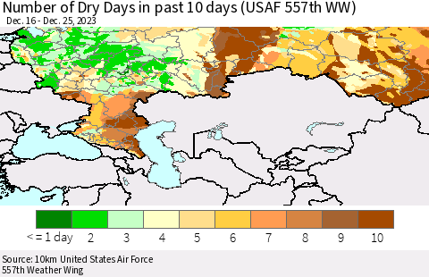Russian Federation Number of Dry Days in past 10 days (USAF 557th WW) Thematic Map For 12/21/2023 - 12/25/2023