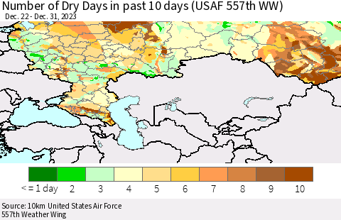Russian Federation Number of Dry Days in past 10 days (USAF 557th WW) Thematic Map For 12/26/2023 - 12/31/2023