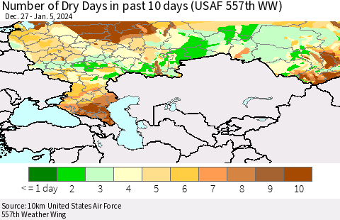 Russian Federation Number of Dry Days in past 10 days (USAF 557th WW) Thematic Map For 1/1/2024 - 1/5/2024