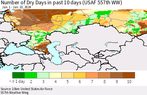 Russian Federation Number of Dry Days in past 10 days (USAF 557th WW) Thematic Map For 1/6/2024 - 1/10/2024