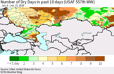 Russian Federation Number of Dry Days in past 10 days (USAF 557th WW) Thematic Map For 1/11/2024 - 1/15/2024