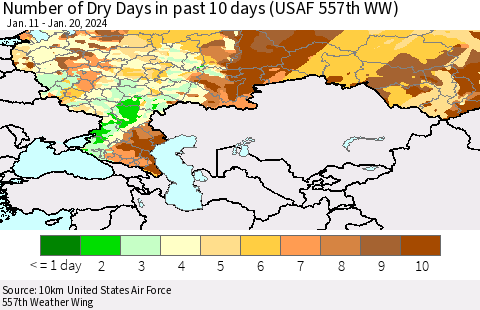 Russian Federation Number of Dry Days in past 10 days (USAF 557th WW) Thematic Map For 1/16/2024 - 1/20/2024