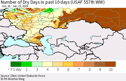 Russian Federation Number of Dry Days in past 10 days (USAF 557th WW) Thematic Map For 1/21/2024 - 1/25/2024