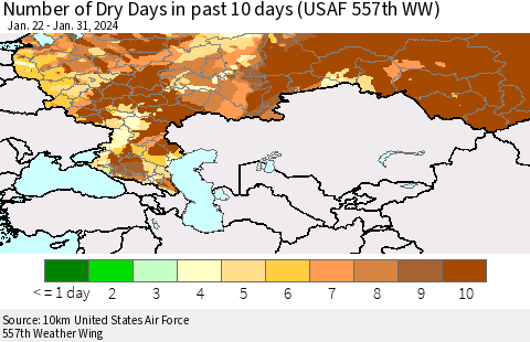 Russian Federation Number of Dry Days in past 10 days (USAF 557th WW) Thematic Map For 1/26/2024 - 1/31/2024