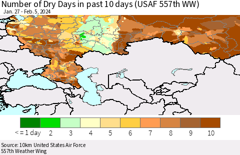 Russian Federation Number of Dry Days in past 10 days (USAF 557th WW) Thematic Map For 2/1/2024 - 2/5/2024