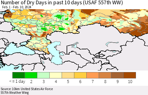 Russian Federation Number of Dry Days in past 10 days (USAF 557th WW) Thematic Map For 2/6/2024 - 2/10/2024