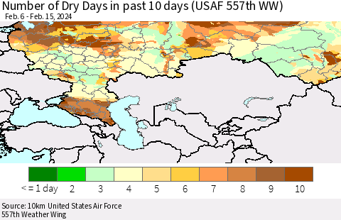 Russian Federation Number of Dry Days in past 10 days (USAF 557th WW) Thematic Map For 2/11/2024 - 2/15/2024