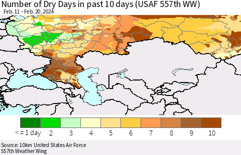 Russian Federation Number of Dry Days in past 10 days (USAF 557th WW) Thematic Map For 2/16/2024 - 2/20/2024