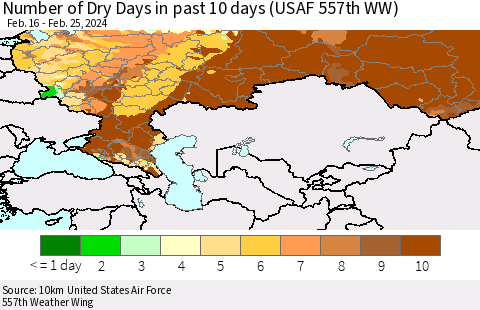 Russian Federation Number of Dry Days in past 10 days (USAF 557th WW) Thematic Map For 2/21/2024 - 2/25/2024