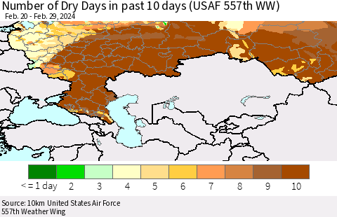 Russian Federation Number of Dry Days in past 10 days (USAF 557th WW) Thematic Map For 2/26/2024 - 2/29/2024