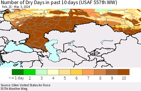 Russian Federation Number of Dry Days in past 10 days (USAF 557th WW) Thematic Map For 3/1/2024 - 3/5/2024