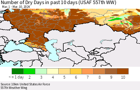 Russian Federation Number of Dry Days in past 10 days (USAF 557th WW) Thematic Map For 3/6/2024 - 3/10/2024