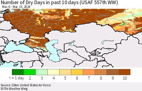 Russian Federation Number of Dry Days in past 10 days (USAF 557th WW) Thematic Map For 3/11/2024 - 3/15/2024