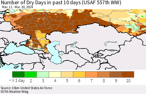 Russian Federation Number of Dry Days in past 10 days (USAF 557th WW) Thematic Map For 3/16/2024 - 3/20/2024