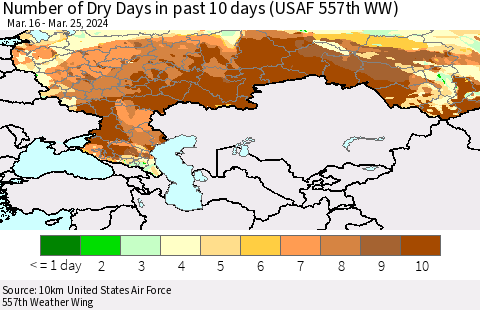 Russian Federation Number of Dry Days in past 10 days (USAF 557th WW) Thematic Map For 3/21/2024 - 3/25/2024